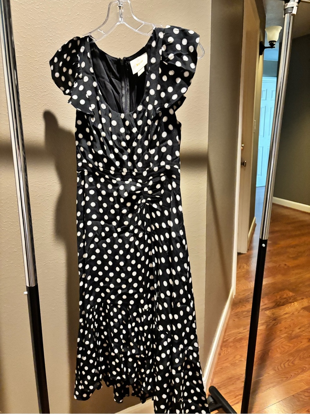 Anthropologie Black and White Polka Dot Ruffle Sleeve Midi Dress